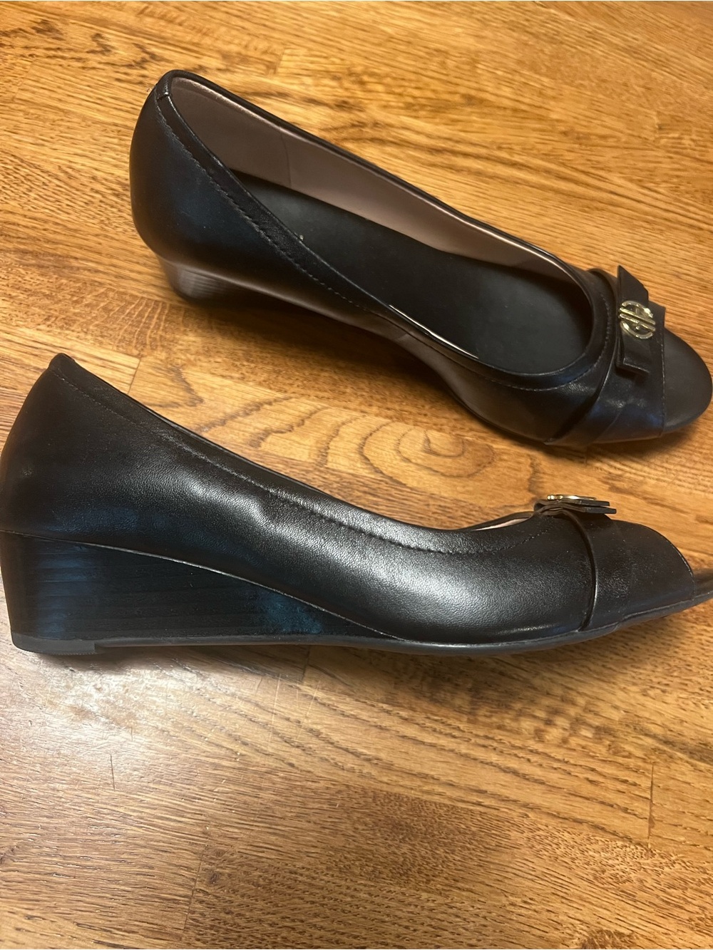 Cole Haan Black Peep-Toe Heels with Gold Logo Accent - Picture 3 of 6